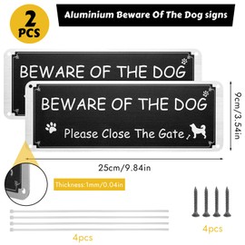 Beware of The Dog Sign - 2 Pack Please Close The Gate Sign, Aluminium Metal Dog Warning Sign, Pre-Drilled, Rustproof, UV Protected - with Zip Ties & Screws for Outdoor Gate Wall - 3.5'' × 9.8''