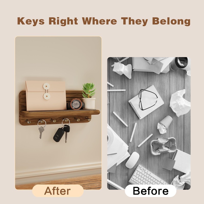 Jemyxhw Key Rack with Shelf and 6 Hooks, Wooden Key