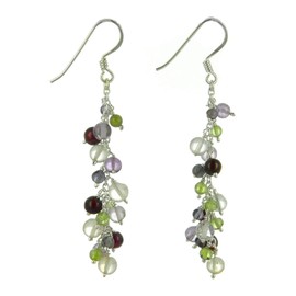 Franki Baker Aqua Chalcedony, Peridot, Iolite, Crystal & Garnet Gemstones. 925 Sterling Silver Dangle Drop Earrings. Length 7.5cms.