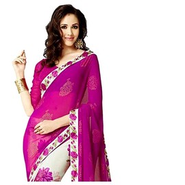 MAHEK - Sari indio para mujer, diseño de flores de Georgette con borde y pieza de blusa, Rosa, Talla única
