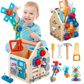 Toddler Tool Set - 33 PCS Wooden Kids Tools with Box / Bench / Tool House, Montessori Educational Pretend Play Preschool Toys Gifts for 2 3 4 5 Year Old Boy Girl Kids, STEM Fine Motor Skills Tool Set