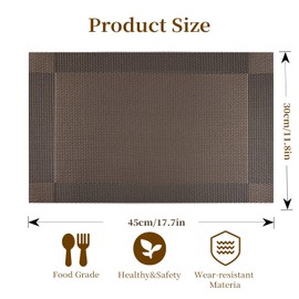 Placemats Set of 4, Vinyl Woven Place Mats, Non-Slip Double-Sided Wipeable Table Mats for Kitchen Dining Restaurant Camping, 12 x 18 Inch, Dark Brown
