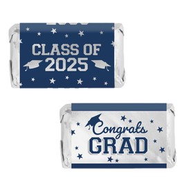 Blue and Silver Graduation Party Favor Stickers, Class of 2025 Graduation Candy Wrappers for Miniature Candies - 45 Count