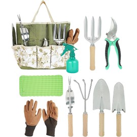 Gardening Tools Set, 10 Pieces Garden Hand Tool Gift Kit,Garden Tool Kit with Outdoor Hand Tools,Stainless Steel Hand Tools Gift Kit with Heavy Duty Tool Bag, Gardening Gifts for Women & Men (Red)