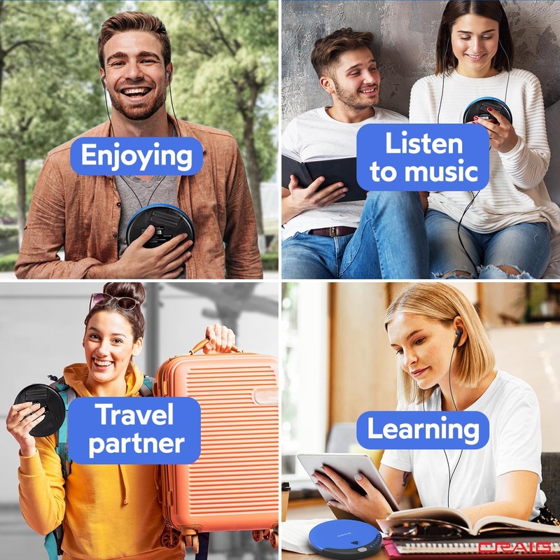 Craig CD2808-BL Personal CD Player with Headphones in Blue and