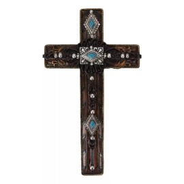 Rustic Western Turquoise Gems Silver Conchos Tooled Leather Wall Cross Decor