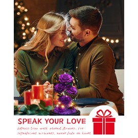 Agrul Flowers Roses Gifts for Mom,Forever Real Preserved Roses in Glass Dome,Mothers Day for Wife Girlfriend Women Best Friend Grandma/Purple Rose