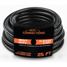 BEST CONNECTIONS 6 Way Trailer Wire – Heavy Duty 14 Gauge 6 Conductor Insulated Cable – Durable, Weatherproof, Color-Coded 6 Way Trailer Wiring Extension for RV Trailer and Automotive (25 Feet)