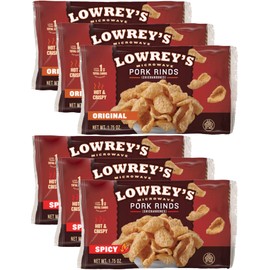 Lowreys Bacon Curls, microwave Pork Rinds Variety Combo, Original & Hot & Spicy, 1.75 Oz (Pack of 6)