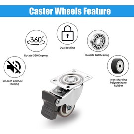 NERILEE 1 Inch Small Caster Wheels Rubber Caster with Brake(2 with Brakes&2 Without) – 360 Degree Rotation Top Plate Swivel Casters for Small Project、Nightstand、Side Table – 90 Lbs