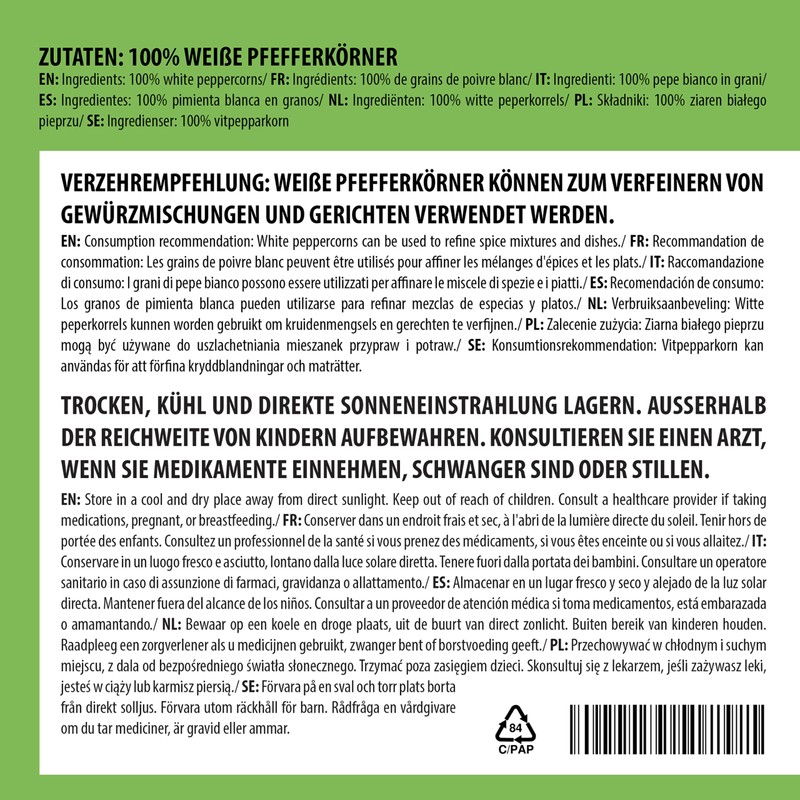 White Pepper 100g 3.5 oz by Alpi Nature, Whole Peppercorns,