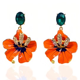 Medieval Vintage Design Women's Earrings Ear Studs with Low Allergy Silver Pin Orange Flower Pendant with Water Drill Inlay Elegant and Shiny