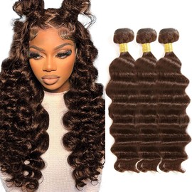 24 26 28 Inch Chocolate Brown Bundles Color #4 Deep Wave Human Hair Bundles Peruvian Hair Dark Brown Loose Deep Bundles Color #4 Bundles Human Hair