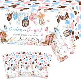 Avezano 3pcs Western Gender Reveal Decorations Cowboy or Cowgirl Gender Reveal Tablecloth 108 x 54 Disposable We Can Barely Wait to See Western Rodeo Boy or Girl Party Supplies