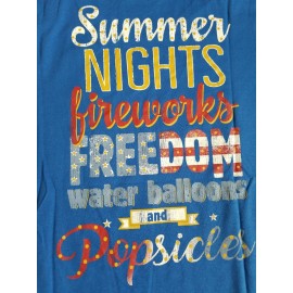 Kim Rogers Woman’s Blue Tee Shirt With Summer Nights,Firewor