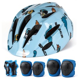 Juego de Casco de Bicicleta para Niños, Rodilleras, Coderas, Muñequeras, Protecciones de Patinar para Niños, Apto para Monopatín, Patinete, Ciclismo, Patinaje, Casco Tamaño Ajustable 48-56CM (Azul)