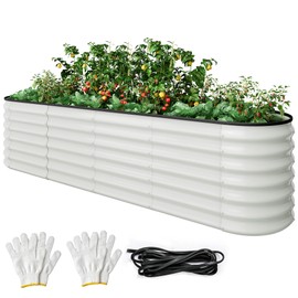 DWVO 24" Tall 9 in 1 Raised Garden Bed Kit, 8 x 2 ft Outdoor Galvanized Flower Bed with Safety Rubber and Gloves, Large Metal Planter Box for Vegetables, Flowers, Herbs, Fruits, White