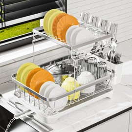 arshray Dish Drying Rack Kitchen 2-Tier 304 Stainless Steel Dish Racks for Kitchen Counter,Strainer with 360°Draining Tray,Drying Rack with Water Cup Hook & Cutlery Holder,White