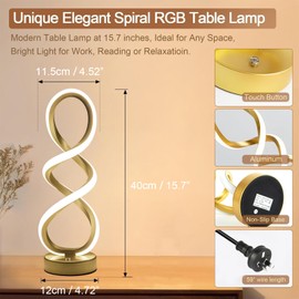 Modern Spiral Table Lamp, Bedside Lamp with Dimmable Metallic Bedside Lamp with Touch Controller, 3 Colour Temperature, Decorative Lamp for Living Room for Bedroom, Living Room, Home Office