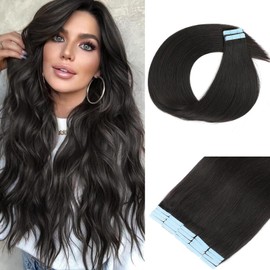 Jet Black Human Hair Tape in Hair Extensions 20 Inch Invisible Human Hair Extensions Tape in Remy Real Human Hair 50g Seamless Tape ins Extensions 20 Pcs Silky Straight Brazilian Hair for Women