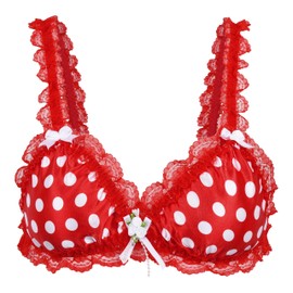 Satini Sissy Frilly Lace Fitted Satin Bralette (Red - Polka Dots, M)