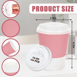 JarThenaAMCS 100Pcs Pink White Disposable Coffee Cups with Lids 12oz Paper Cups Corrugated Ripple Wall Insulated Hot Cups for Valentine's Day Home Office Party Supplies