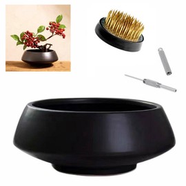 Eggone Ceramic Flower Pot Flower Arrangement Set Japanese Ikebana Floral Art Supplies Flower Bowl Decorative Flower Vase for Centerpieces (Medium Black)