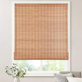 LazBlinds No Tools No Drill Bamboo Roller Shades, Cordless Bamboo Blinds, Light Filtering Roll Up Blinds for Windows, French Door, Porch or Patio, 36'' W x 64'' H, Ceylon Light Russet