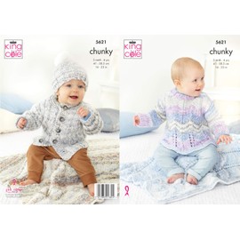 King Cole Chunky Knitting Pattern Baby Sweater Jacket Hat & Blankets (5621)