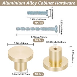GORGECRAFT 10 Sets Golden Drawer Knobs Metal Aluminum que Flat Round Mushroom Solid Cabinet Hardware Pulls Knob Handle with Screws for Kitchen Bathroom Cupboard Chest Door Furniture