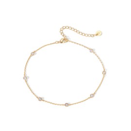 PAVOI 14K Yellow Gold Plated Cubic Zirconia Station Anklet | Dainty Station Ankle Bracelet for Women