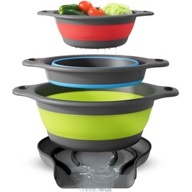 Gevoli Coladores plegables con base autodrenante para borde del fregadero, coladores de alimentos (pequeño/mediano/grande), diseño anidado para un fác