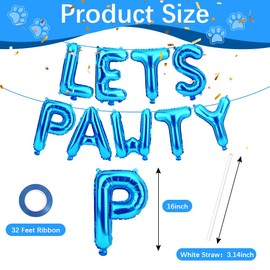 Lets Pawty Balloons, 9 Pcs Dog Birthday Decorations, 16 Inch Foil Dog Balloons, Lets Pawty Birthday Decorations, Dog Party Decorations with Straw and Ribbon for Pet Dog Birthday Party Supplies(Blue)