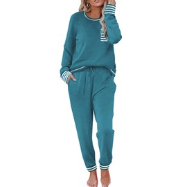 Ekouaer Pajamas Women's Long Sleeve Pj Set Soft 2 Piece Loungewear Sleepwear with Jogger Pants Blue Green,S