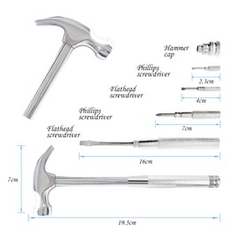 Small Hammer 6 in 1 Metal Hammer & Screwdriver, Multitool Camping Hammer Set with Slotted/Flat Head Phillips Screwdriver Hammers Tools Mini Hammer Best Gift for Dad Grandfather Husband Son(Silver)