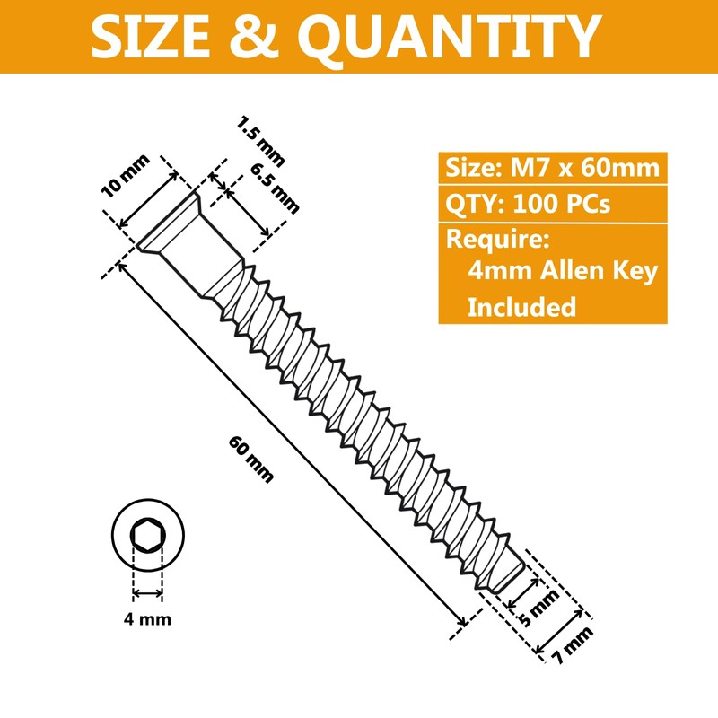 YaaYii M7 x 60mm Confirmat Screws Black 100 PCs, Hex