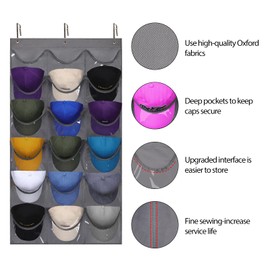 Dofilachy Hat Rack - Hat Organizer - Hat Racks for Baseball Caps, Visible Hat Holder - Baseball Hat Rack for Wall Door with 3 Hooks, 18 Deep Pockets(Grey, medium)