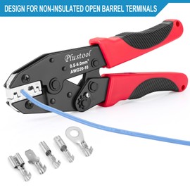 Plustool Crimping Tool for Non-Insulated Open Barrel Terminals & Receptacles AWG 20-10, Ratcheting Wire Crimper Tool - Crimping Pliers - Electrical Crimping Tool