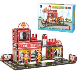 AFUNX Magnetic Tiles, 50PCS Fire Station Theme Building Blocks Set, Magnet Building Blocks and STEM Preschool Toys for Toddlers Kids Ages 3-5 5-7 8-10