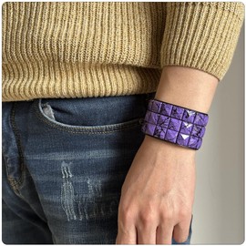 PEAS Punk Jewelry Pyramid Studded Wristband Rivet Wide Pu Leather Cuff Bracelet(Purple)