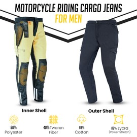 HPGEARZ Cargo Motorcycle Pants Mens Lined with Twaron® Aramid Fiber - Reinforced Motorcycle Jeans CE Knee and HIPS Protectors (Black, 38x32)