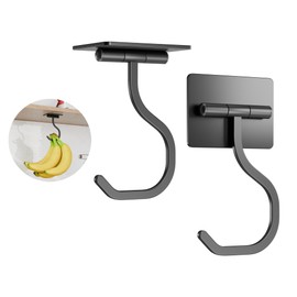 bussdis Short Banana Hook Under Cabinet - 2 Pack Adhesive Banana Hanger Under Counter, Metal Banana Holder Stand for Hanging Bananas or Kitchen Utensil, Keeps Bananas Fresh, Black