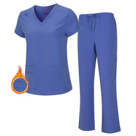M&M SCRUBS Women's Breathable Cool Stretch Fabric Scrub Top and cargo Pant Set (Ceil Blue, X-Large)