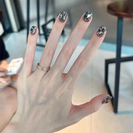 LIyun&Hang 3D Handmade Press on Nails Short Square Shapes 24Pcs Glossy Full Cover Artificial Fake Nails, Black Starlight Flash Rhinestone Design, Reusable Luxury jelly glue Stick On Nails(type-5)