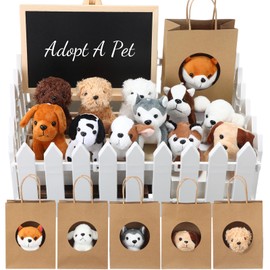 Arrowbash 36 Pcs Mini Plush Stuffed Animals Set with 10 White Plastic Fence 12 Kraft Paper Gift Bags Wooden Mini Chalkboard Signs Chalk Marker for Animal Adopt a Pet Theme Birthday Party (Stylish)