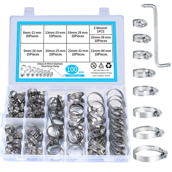 100 Pcs Hose Clips Adjustable 8-44mm Range, Stainless Steel Hose Clamps Assorted Kit, Water Pipes Hose Clamps Clips Assorted with Screwdriver for Water Pipe, Automobile Pipe, Gas Pipe