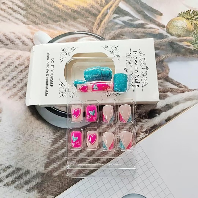 Pink Blue Press on Nails French Tip Fake Nails with