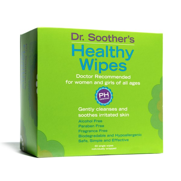 Dr. Soother's Healthy Wipes - PH Balanced Feminine Hygiene Wipes - Unscented - Hypoallergenic - Alcohol & Fragrance Free - 60 Individually Wrapped Cleansing Wipes for Women & Girls