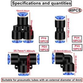 HAXIHA Pack of 40 4 mm Air Push Quick Attachments, Pneumatic Connectors, Splitter/Angle/T-Piece/Straight Push-to-Connect Fittings Kit Air Line Fittings for 4 mm Pipe