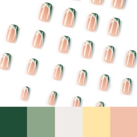 Square Press on Nails White Little Flower Fake Nails with Slanted Triple Line Nail Designs Glue on Nails Short Gradient Green Acrylic Nails French Tip Nails Press on False Nails for Women Girls 24Pcs